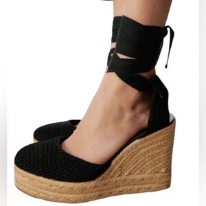 Zara Black & Beige Crocheted Wedge Espadrilles Lace Up Sandals Size NWT